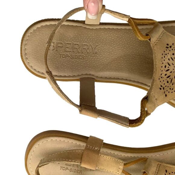 Sperry Laser Cut Floral Leather Thong Sandals 10 Slingback Neutral Flat - Picture 8 of 8